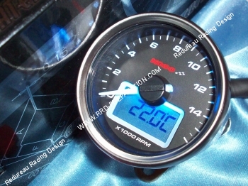 Compte tours à aiguille + température KOSO Ø55mm fond noir rétro-éclairé  bleu universel (scooter, mécaboite, moto, mob)